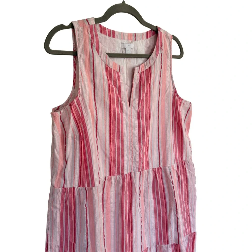 J. Jill Pink Striped Tiered Cotton Midi Dress Sleeveless Large Beach Breezy - Picture 2 of 6